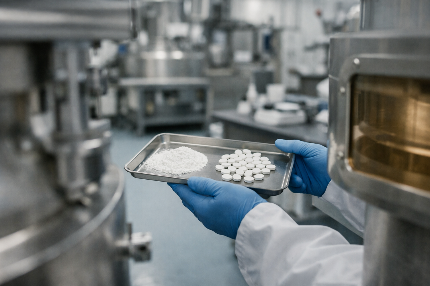 Man in manufacturing plant making EAA tablets and powder