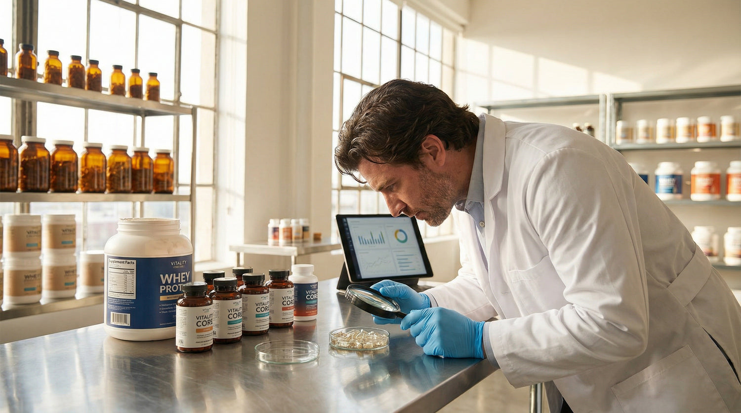 Supplement industry laboratory with scientist examining supplement capsules and protein powder