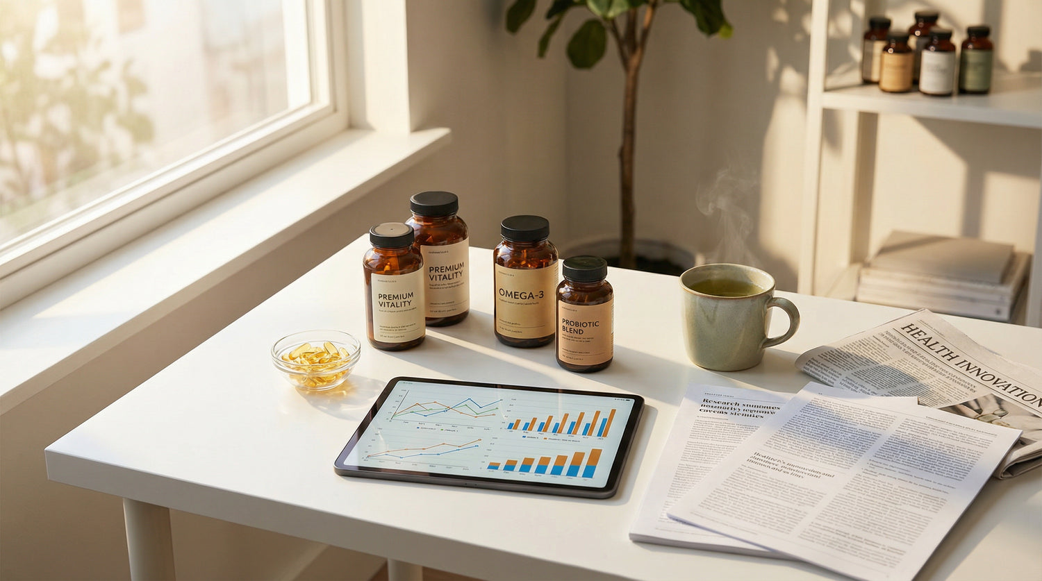 Supplement Industry Daily Briefing March 5 2026 - supplement bottles, market data tablet, and research papers on a modern desk