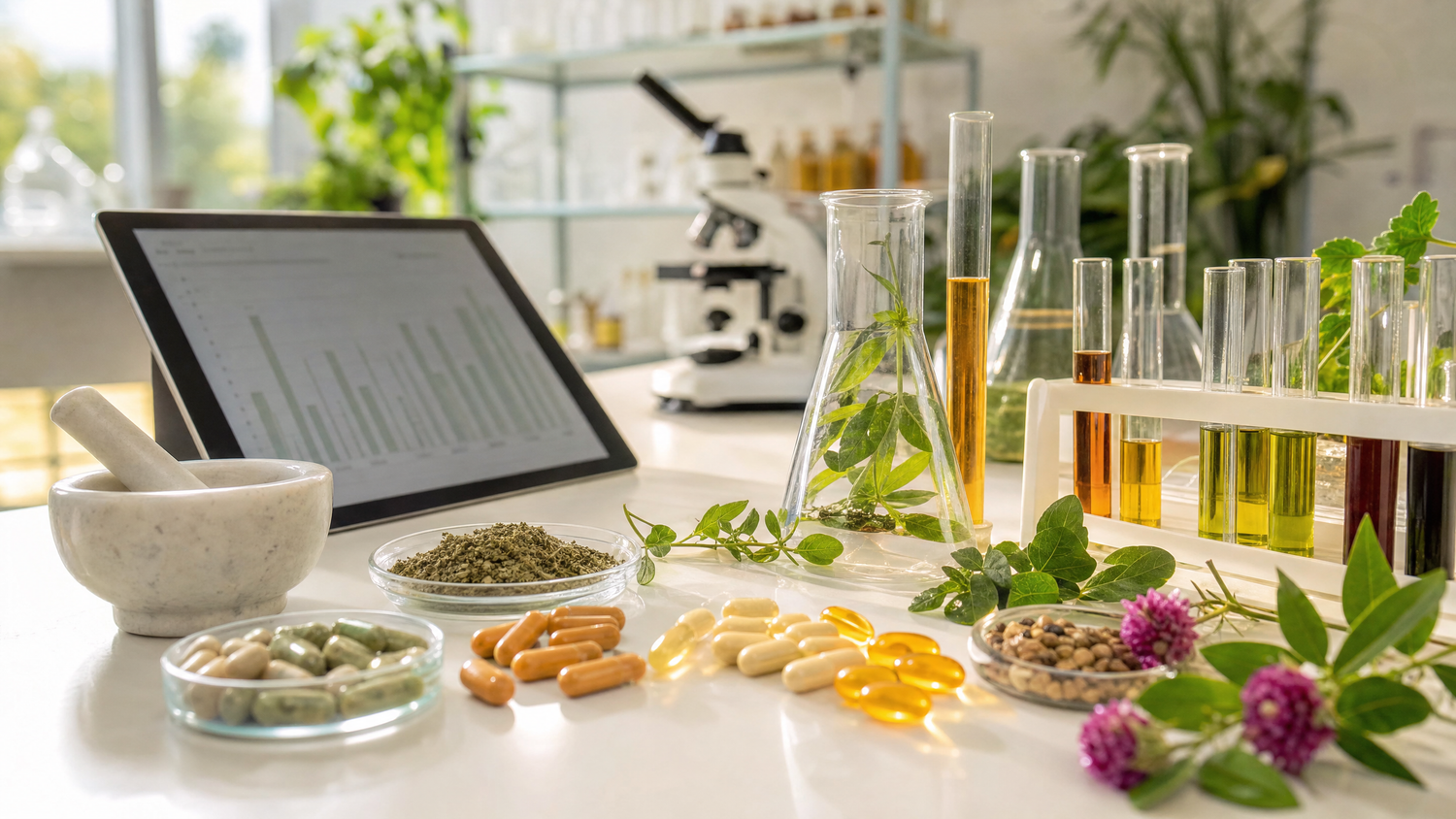 Supplement Industry Daily Briefing May 19 2026 - Laboratory workspace with botanical ingredients and scientific equipment