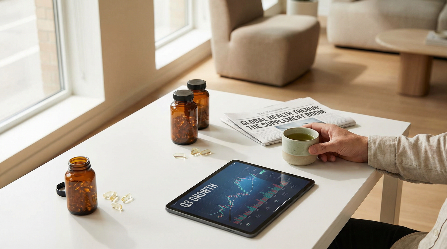 Supplement Industry Daily Briefing April 10 2026 - editorial workspace with supplement bottles, financial charts, and health news