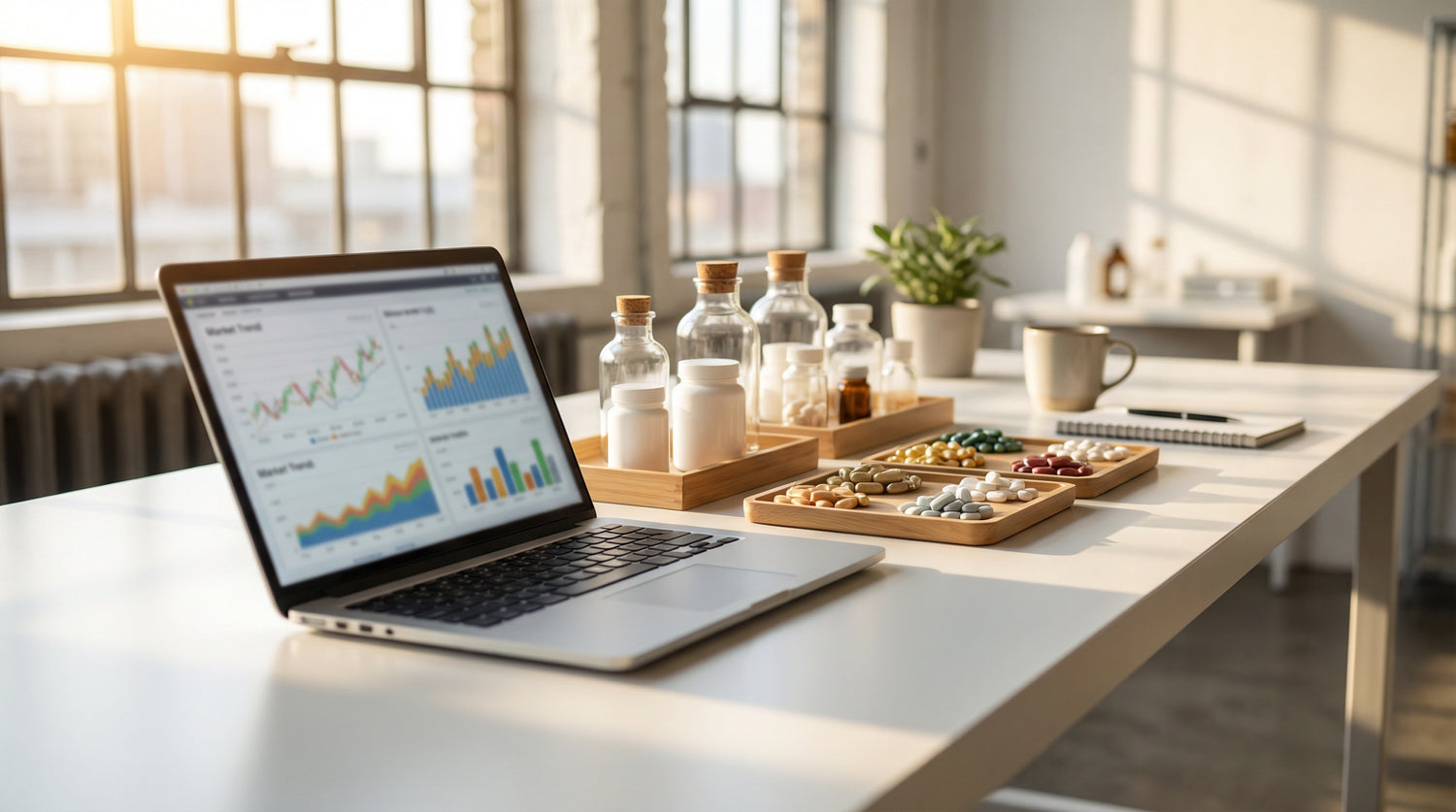 Supplement Industry Daily Briefing March 25 2026 - market data and supplement products on a modern workspace