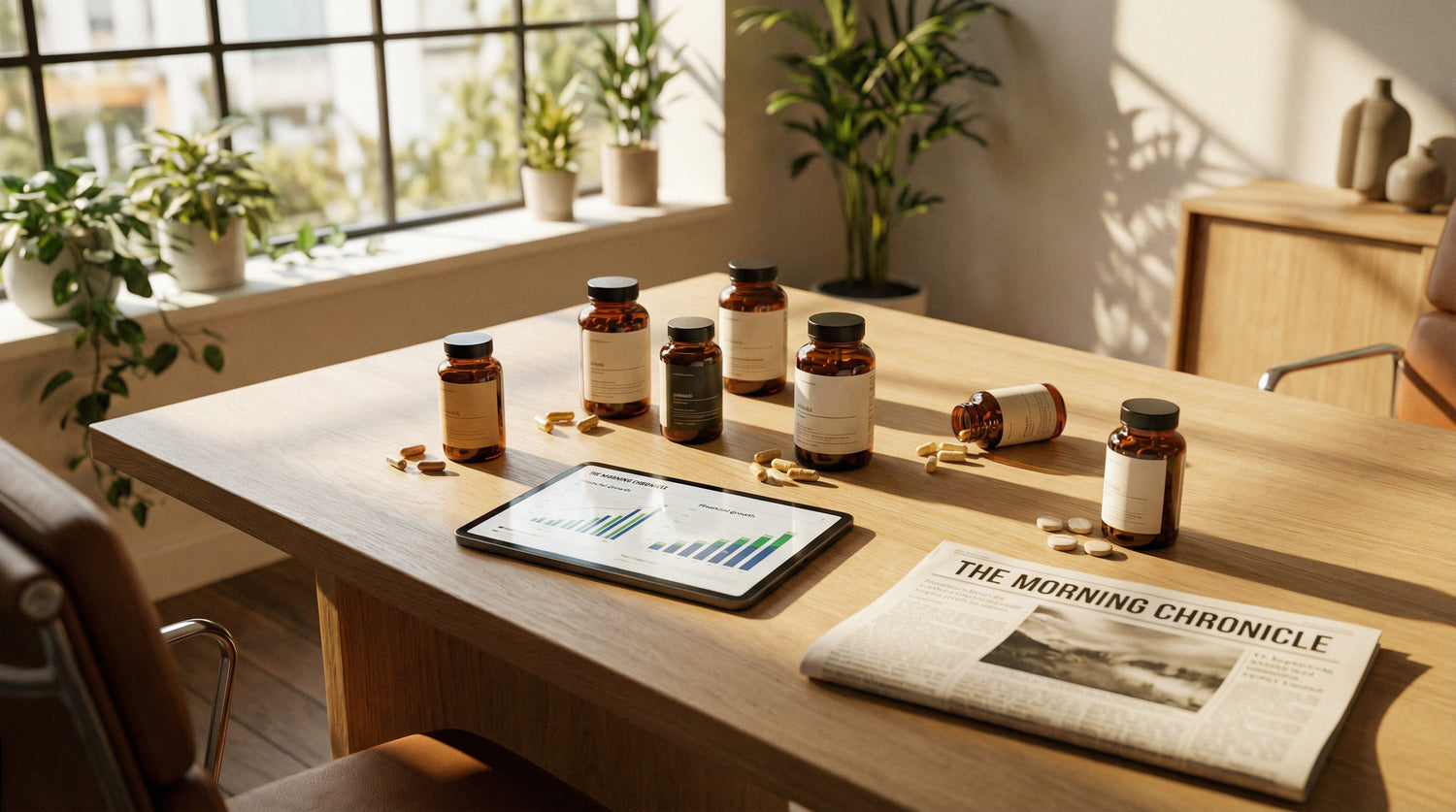 Supplement Industry Daily Briefing March 26 2026 - premium supplement bottles with financial charts and industry news