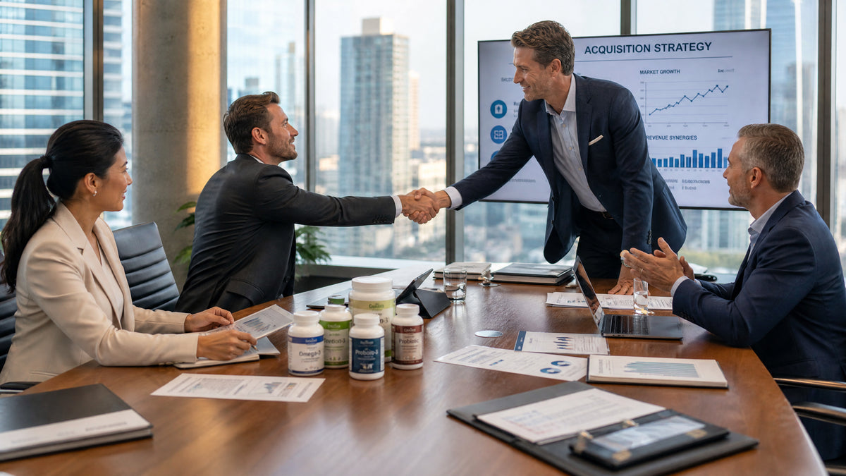 Supplement industry executives shaking hands in boardroom representing major M&A deals in health and wellness