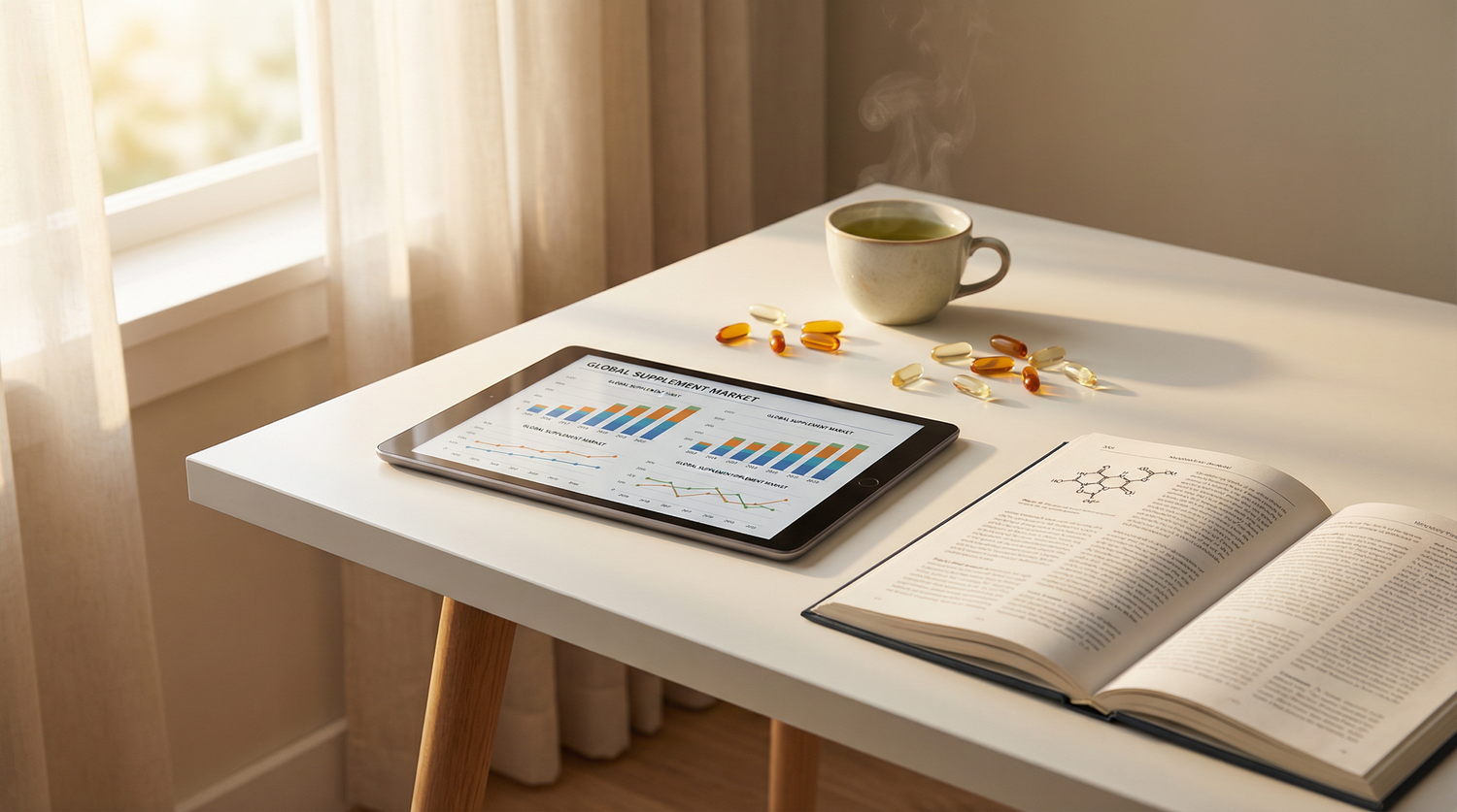 Supplement Industry Daily Briefing March 24 2026 - Market data, research journals, and supplement capsules on a modern workspace