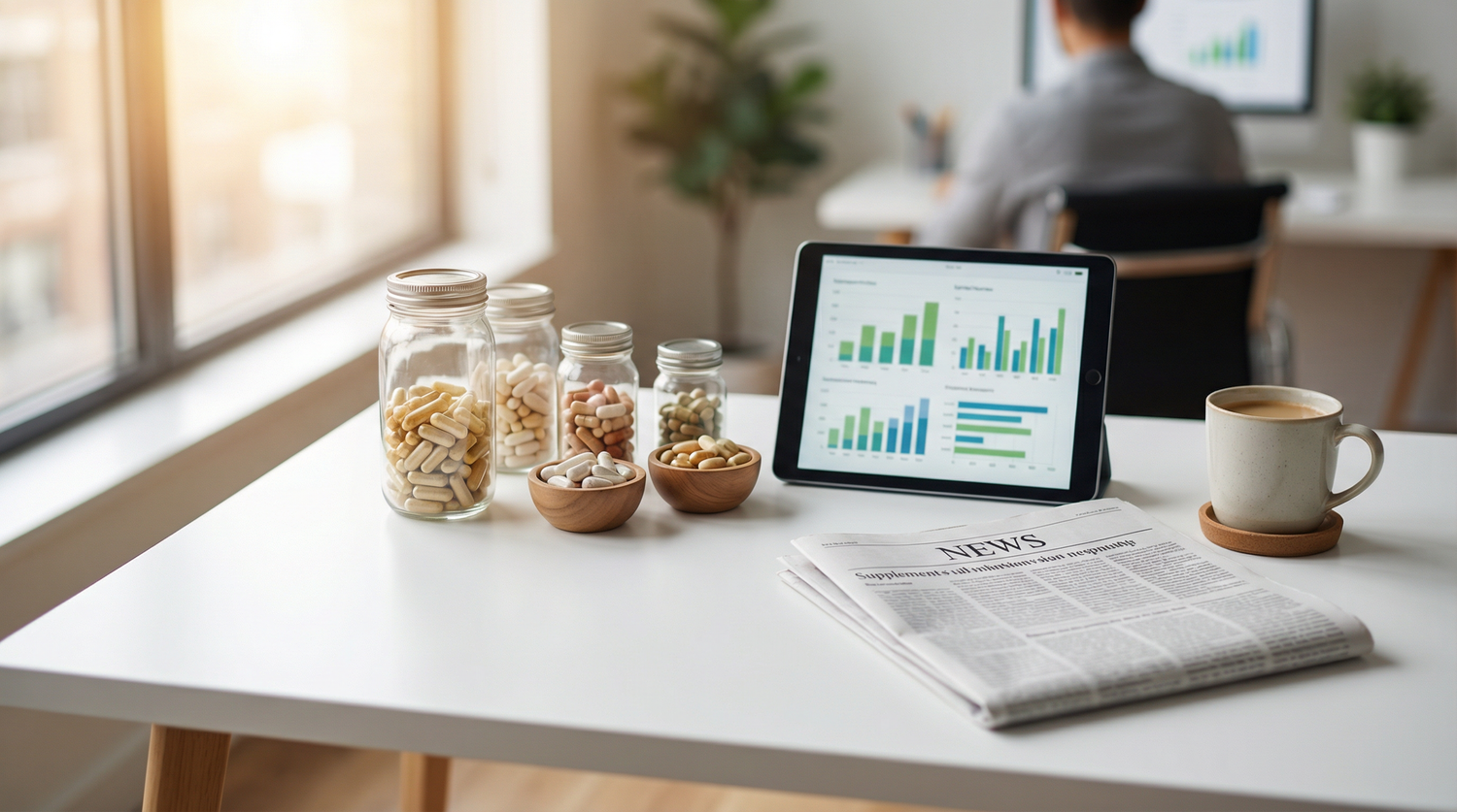Supplement Industry Daily Briefing March 27 2026 - editorial workspace with supplement capsules and market data