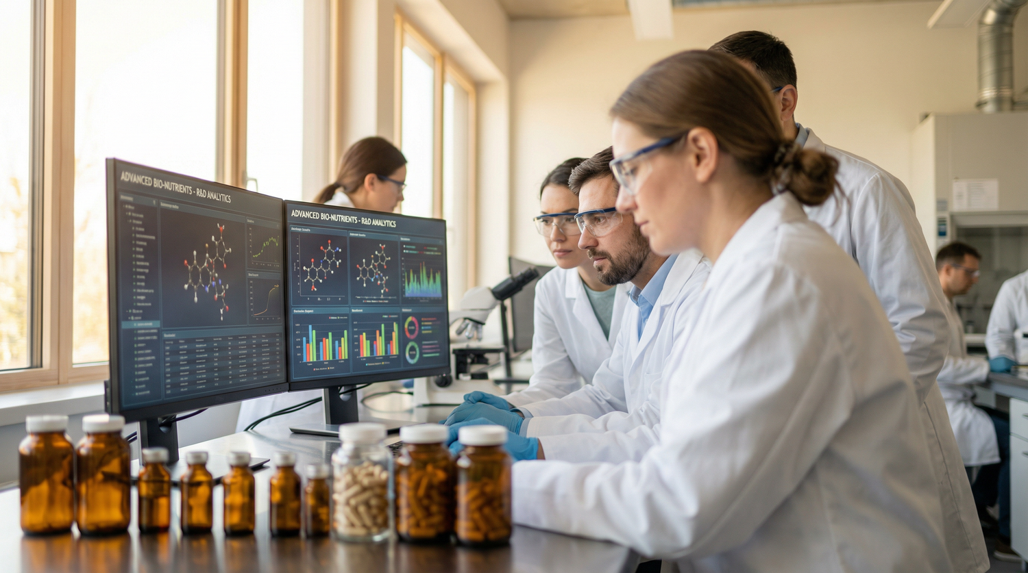 Supplement industry laboratory with scientists analyzing biomarker data and supplement formulations