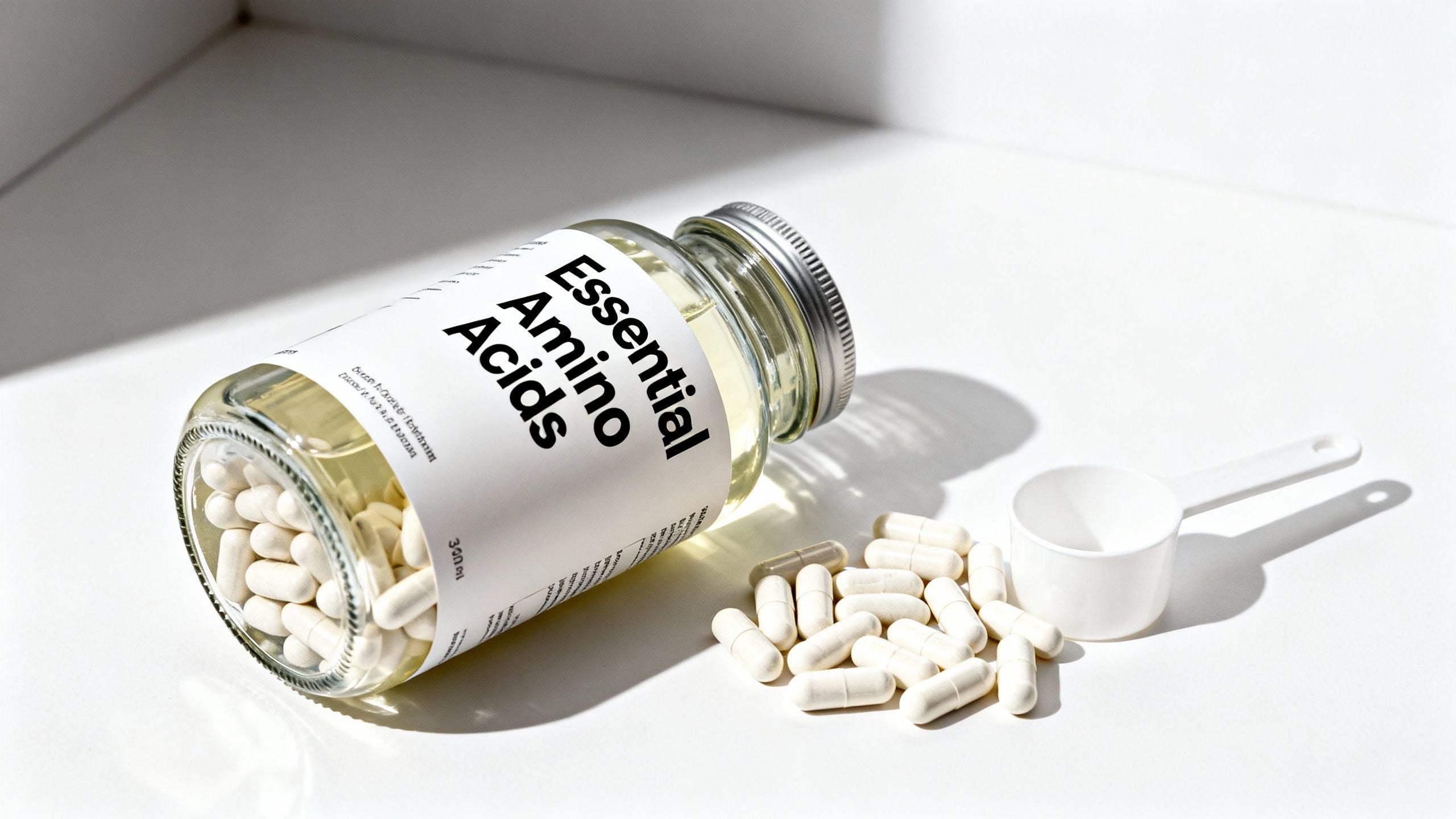 Bottle and capsules of essential amino acid supplement.