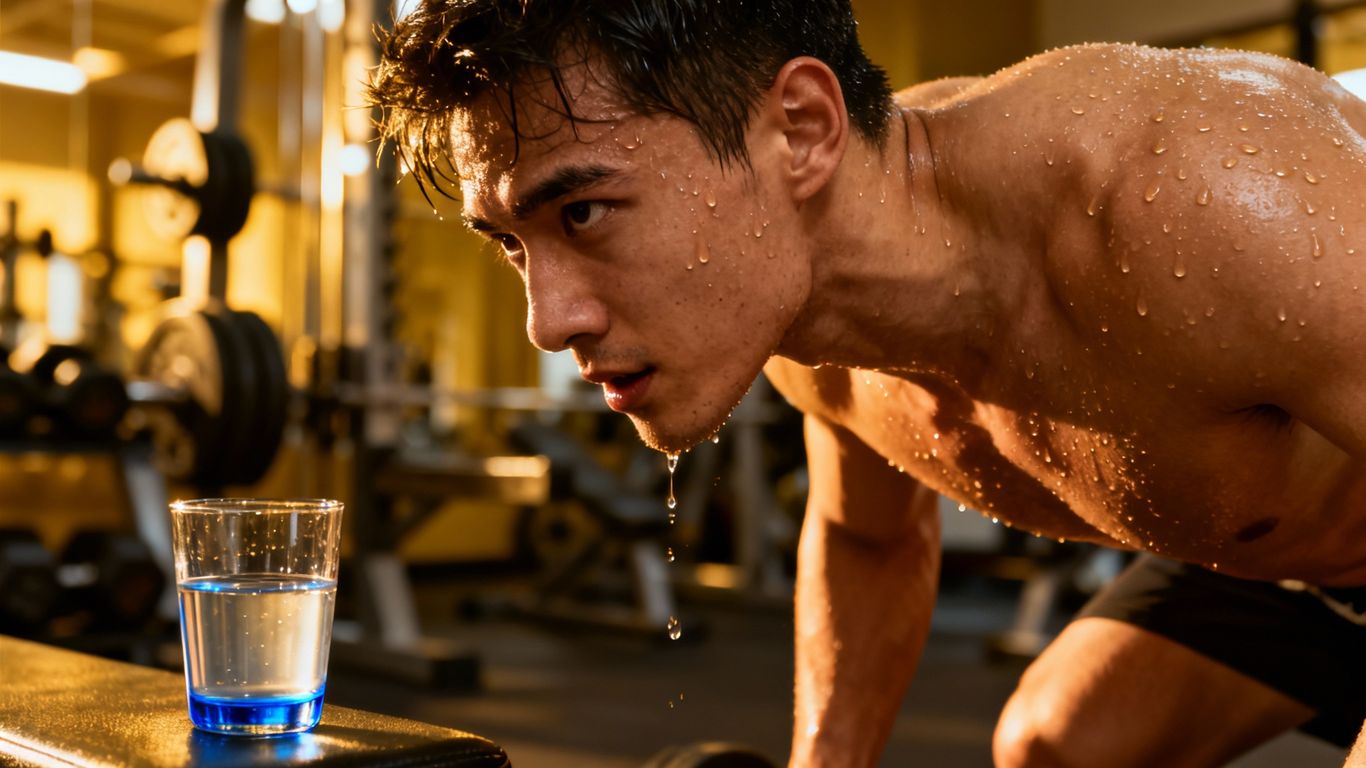 Person exercising, supplement drink nearby during workout.