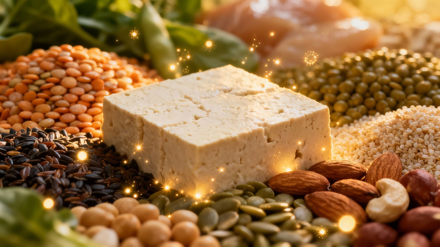 Plant-based foods with glowing essential amino acid particles.