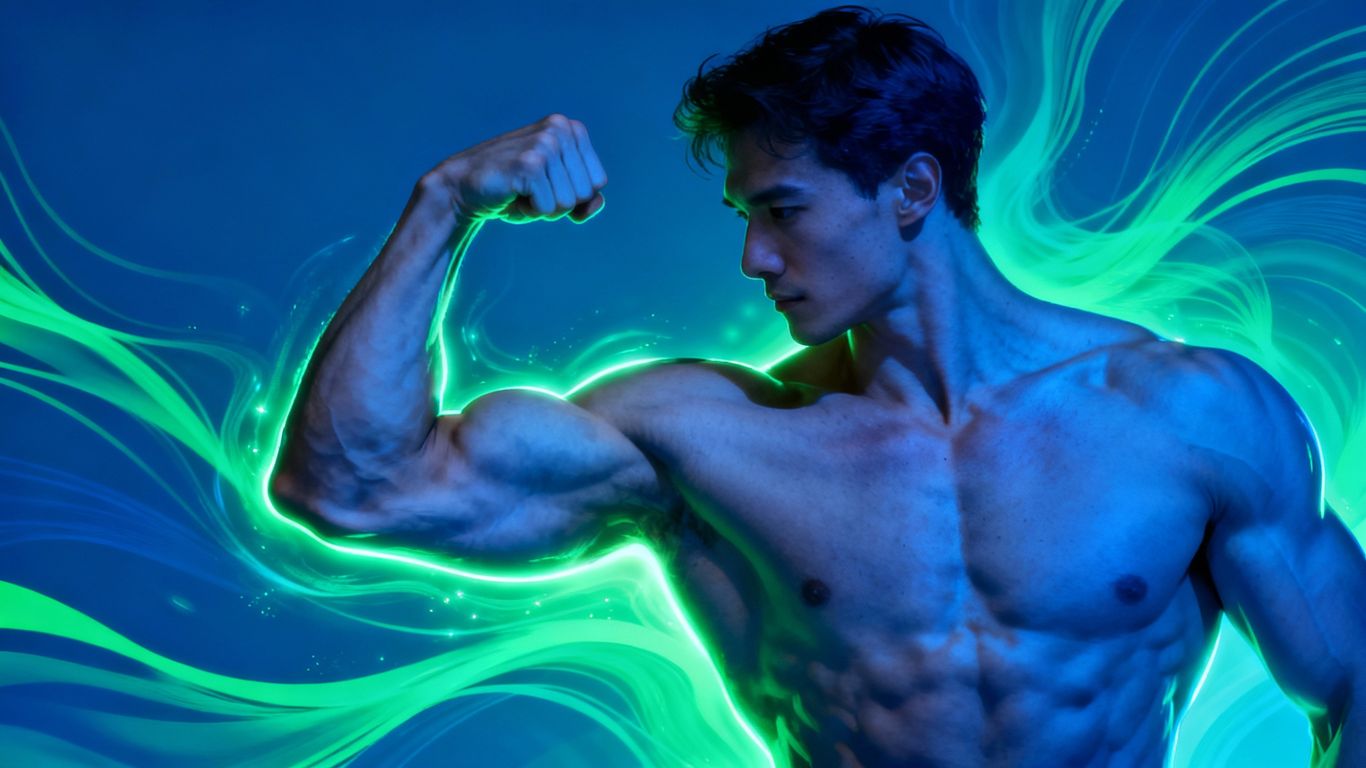 Muscular man flexing, with blue and green energy lines.