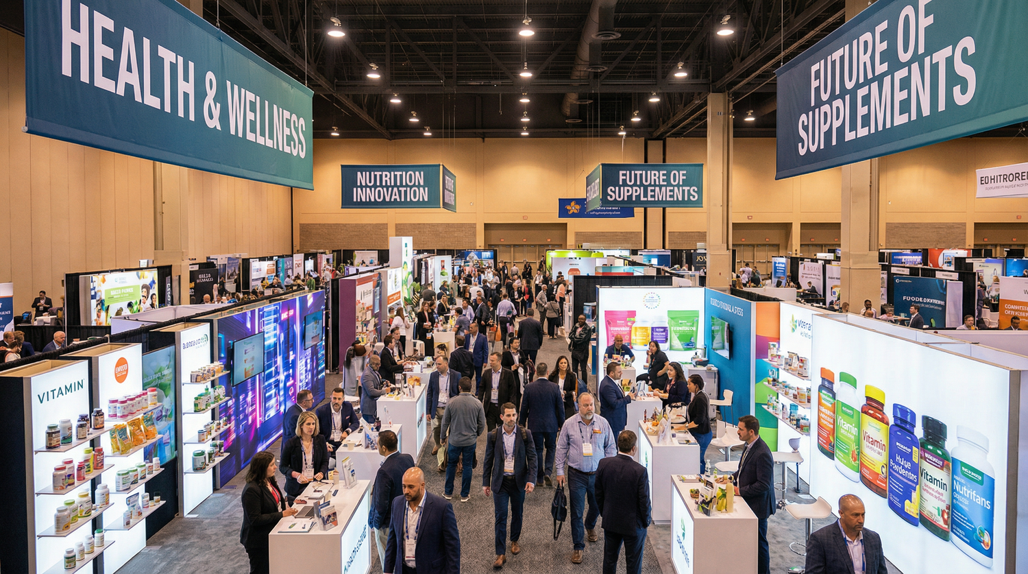 Supplement industry trade show exhibition hall with booths displaying health and wellness products