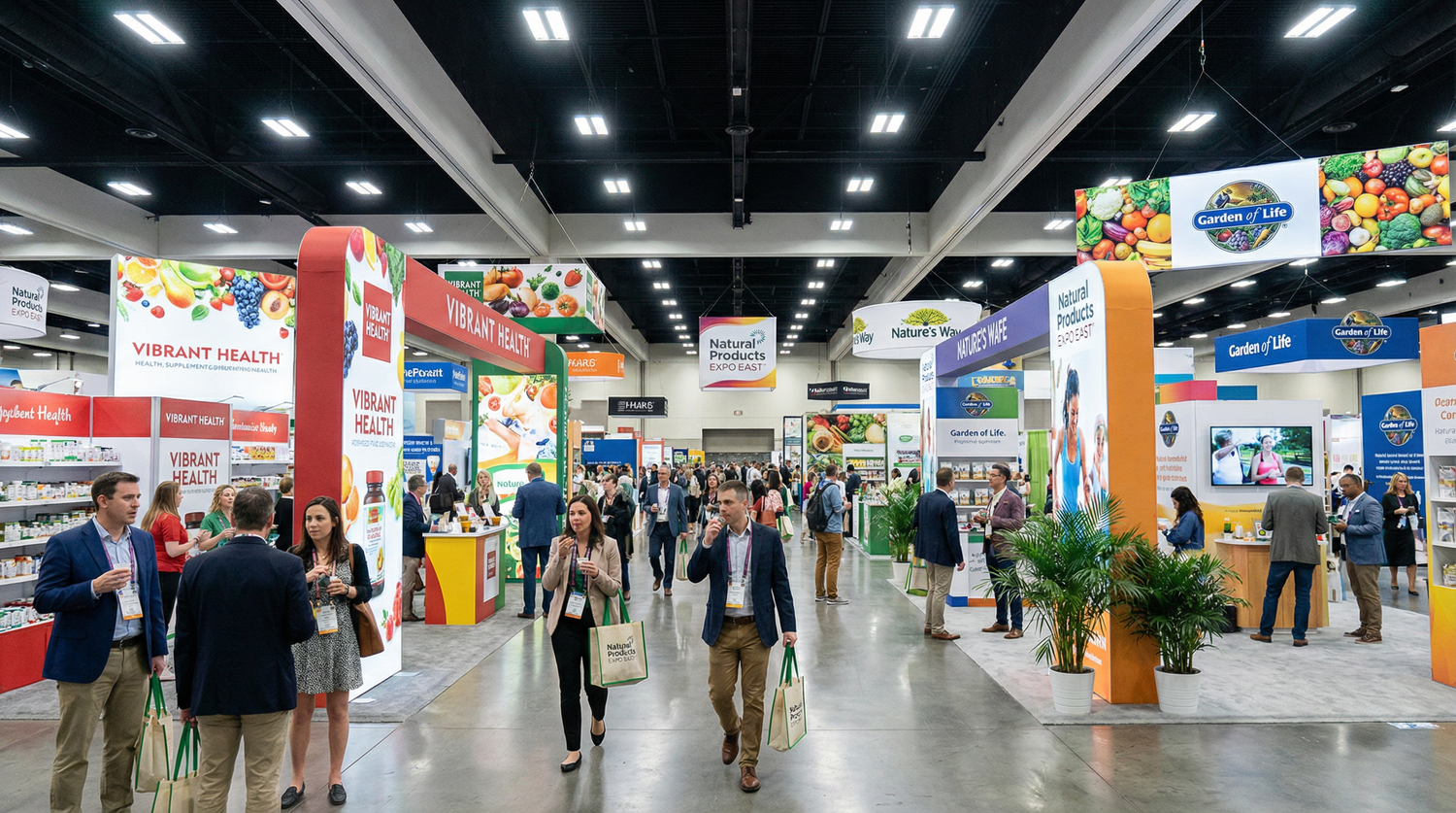 Natural Products Expo West 2026 exhibition hall with supplement brand booths and industry professionals