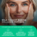 Advertisement for wild-caught marine collagen peptides with a woman's face and product name.