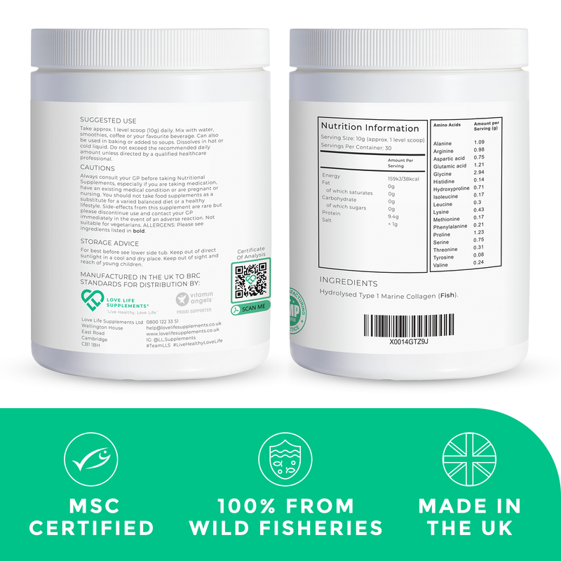 marine collagen - supplement containers with nutritional information labels on a white background.