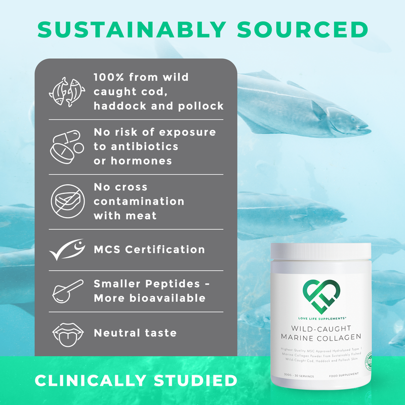 Wild-caught marine collagen supplement with sustainability benefits on a blue ocean background