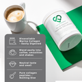 marine Collagen powder container with a cup of coffee on a white surface