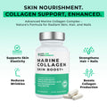 Marine collagen supplement bottle with text highlighting benefits on a light green background