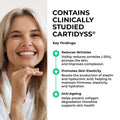 Woman with a smile next to text about clinically studied Cartidyss for skin health benefits.