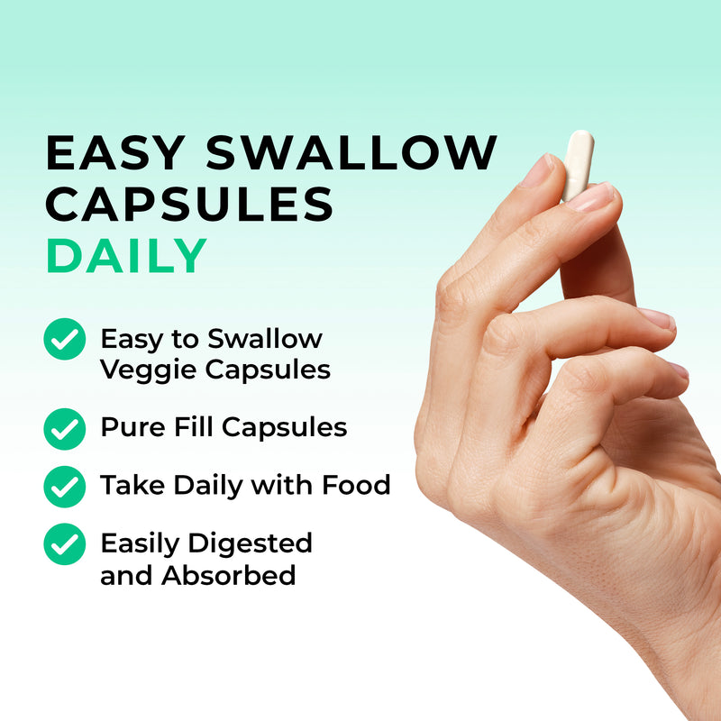 marine collagen Hand holding a capsule with text about easy swallow capsules on a light green background