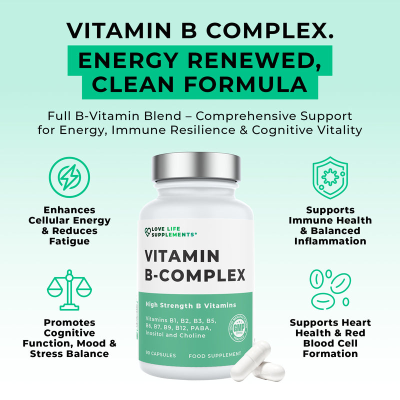 Vitamin B Complex supplement bottle with benefits listed on a light green background
