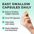 vitamin B Hand holding a yellow capsule with text about easy swallow capsules on a light green background