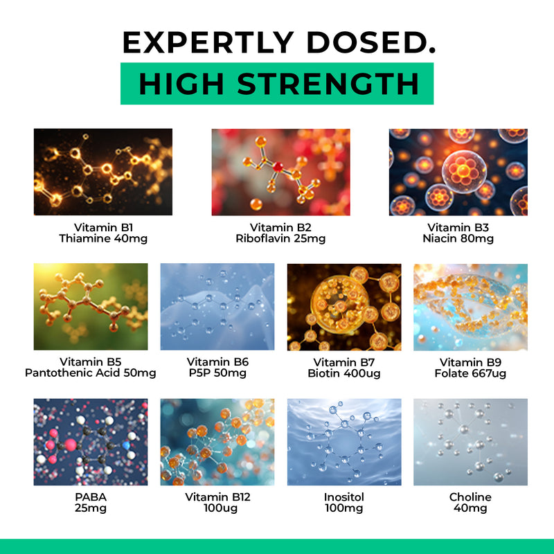 vitamin B High-strength vitamins with molecular structures and dosages on a white background