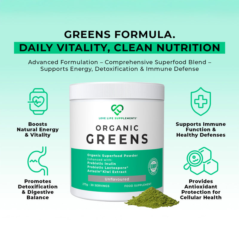 Organic Greens supplement container with text highlighting benefits on a light green background
