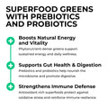 Promotional text about superfood greens with prebiotics and probiotics on a white background.