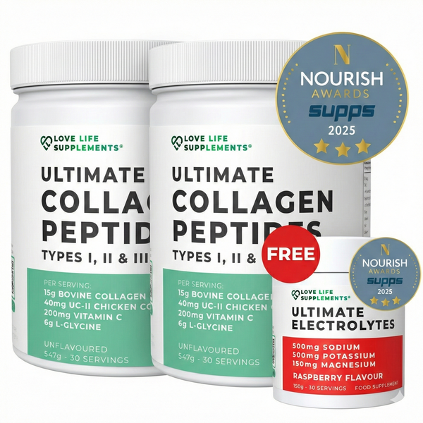 Two containers of Love Life Supplements Ultimate Collagen Peptides and one container of Ultimate Electrolytes on a white background.