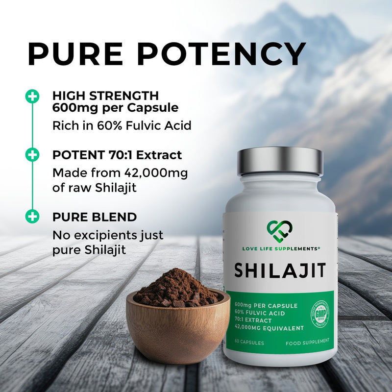 Shilajit supplement bottle with ingredients on a wooden surface
