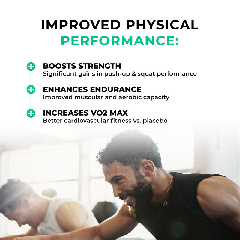shilajit Advertisement for improved physical performance with text and a blurred background of people exercising.