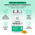 Vegan Omega-3 supplement bottle with text highlighting benefits on a light green background