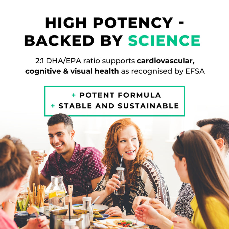 vegan omega Group of people enjoying a meal together with health and wellness text overlay.