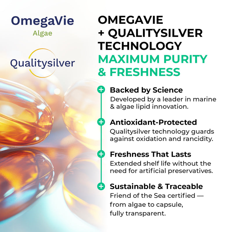 Advertisement for OmegaVie Algae with text about OMEGAVIE + QUALITYSILVER TECHNOLOGY, highlighting maximum purity and freshness.