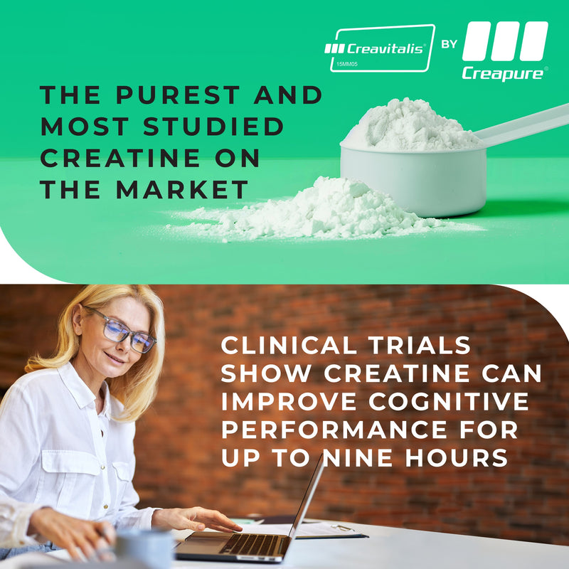 Advertisement for Creavitalis creatine supplement with text about clinical trials and cognitive performance.