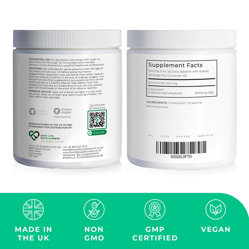 creatine Two supplement containers with labels on a white background, featuring certification icons at the bottom.