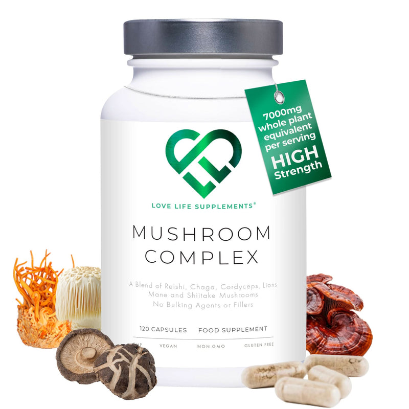 Supplement bottle labeled 'Mushroom Complex' with mushrooms and capsules on a white background