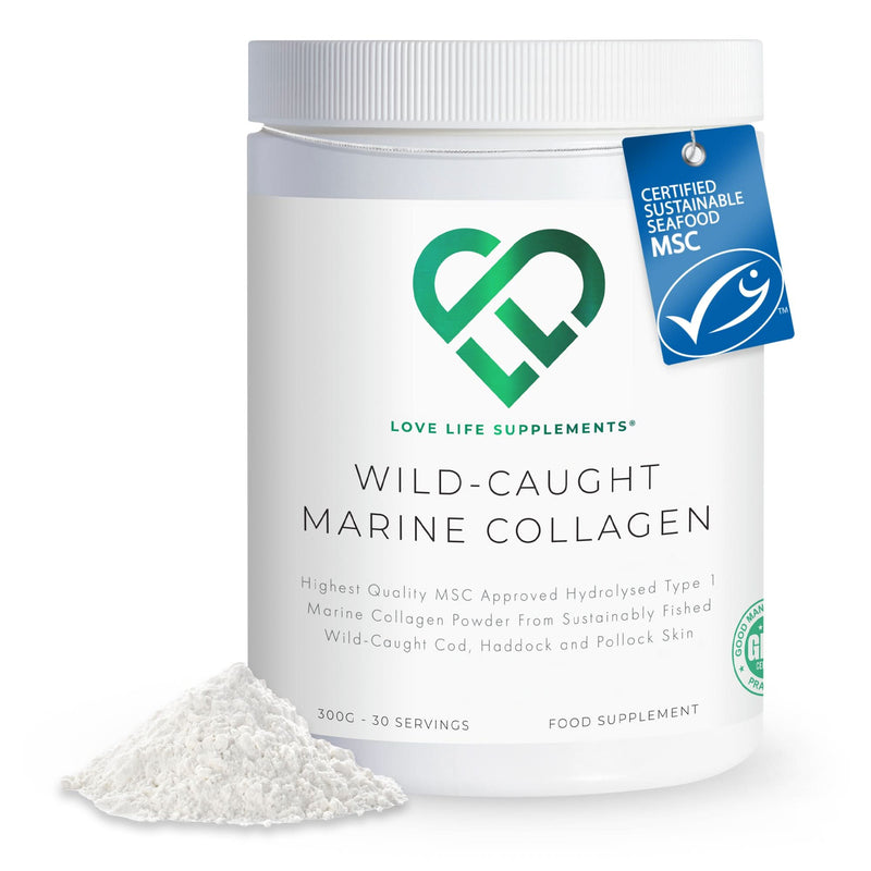 Container of Love Life Supplements Wild-Caught Marine Collagen with MSC certification label on a white background