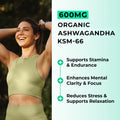 Woman in athletic wear with text about 600mg Organic Ashwagandha KSM-66 supplement benefits on a light green background.