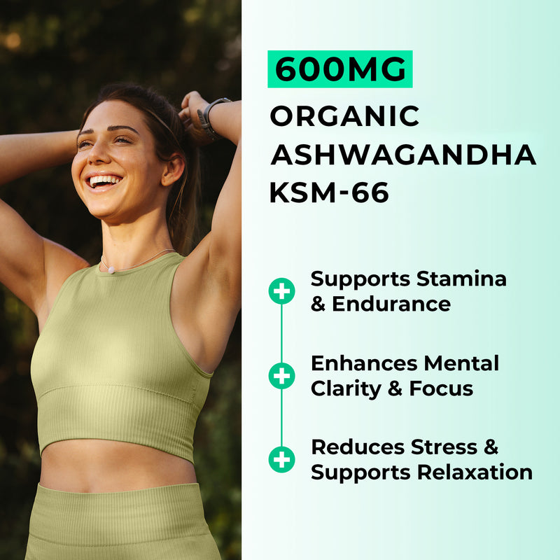 Woman in athletic wear with text about 600mg Organic Ashwagandha KSM-66 supplement benefits on a light green background.