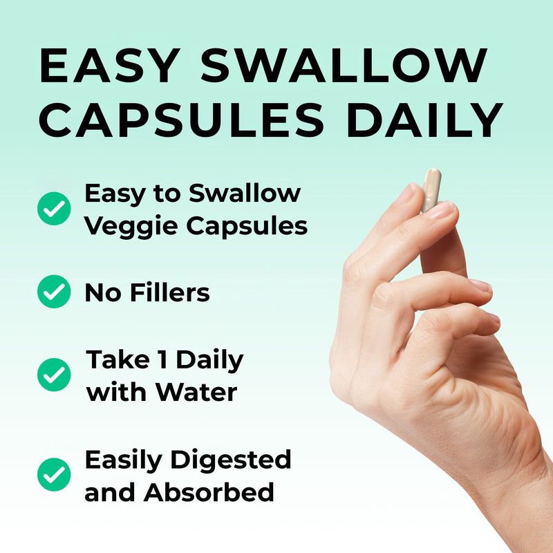 Ashwagandha Veggie capsule with hand holding it against a light green background with text about easy swallow capsules.