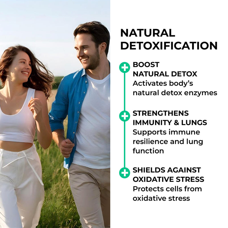 Broccoli_Sprout_Extract Man and woman walking outdoors with text about natural detoxification benefits.