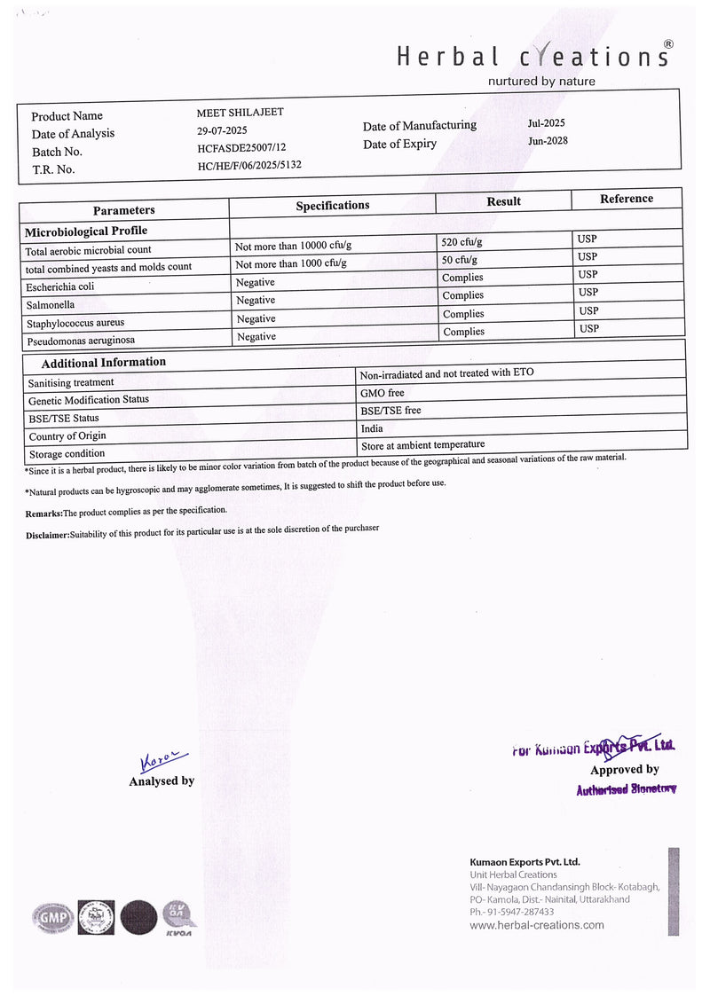 Herbal Creations product label with specifications and analysis details MEET shilajit