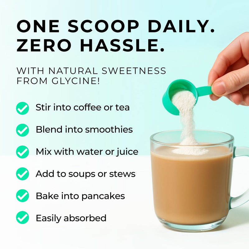 collagen Person adding powder to a cup of coffee with text about daily intake and benefits.