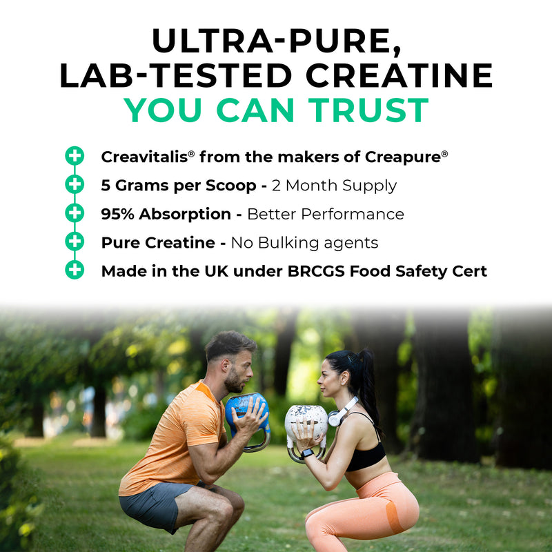 Advertisement for Ultra-Pure, Lab-Tested Creatine with two people exercising outdoors.