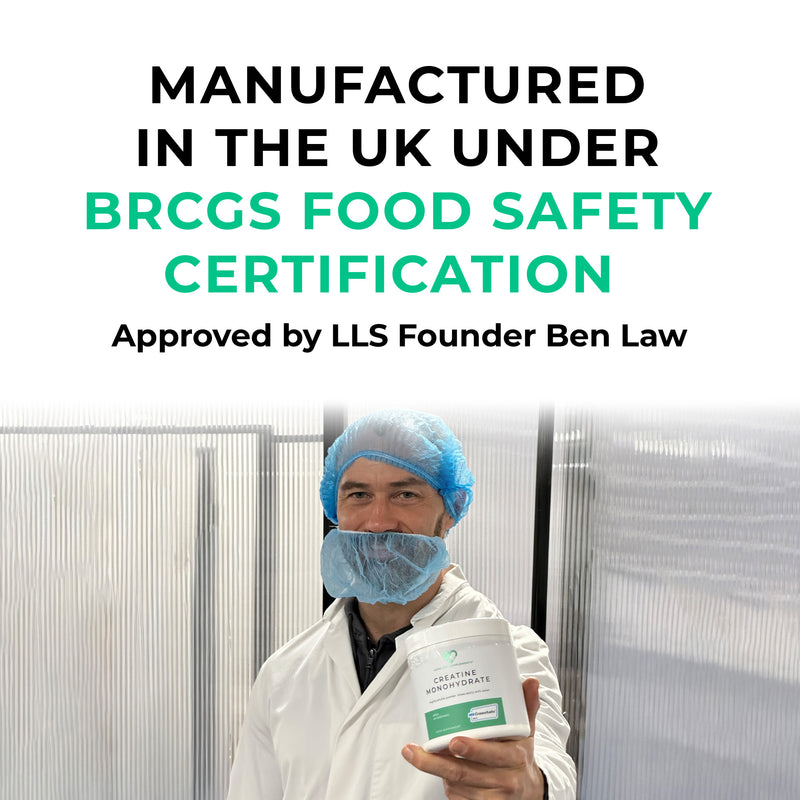 Person in a cleanroom holding a container with text about BRCGS food safety certification.