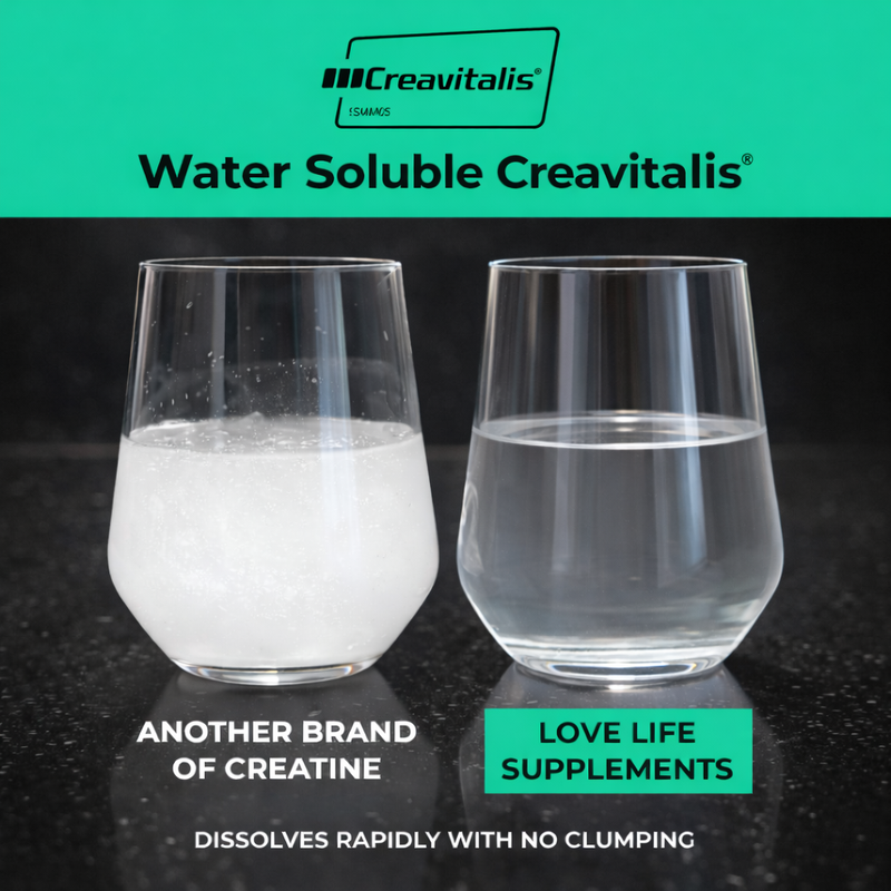 Two glasses with water soluble Creavitalis supplement on a dark background