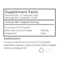 Supplement facts label for a product containing Curcumin C3 Complex and Bioperine on a white background.