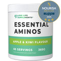 Supplement container labeled 'Essential Aminos' with 'Love Life Supplements' branding and Nourish Awards badge.